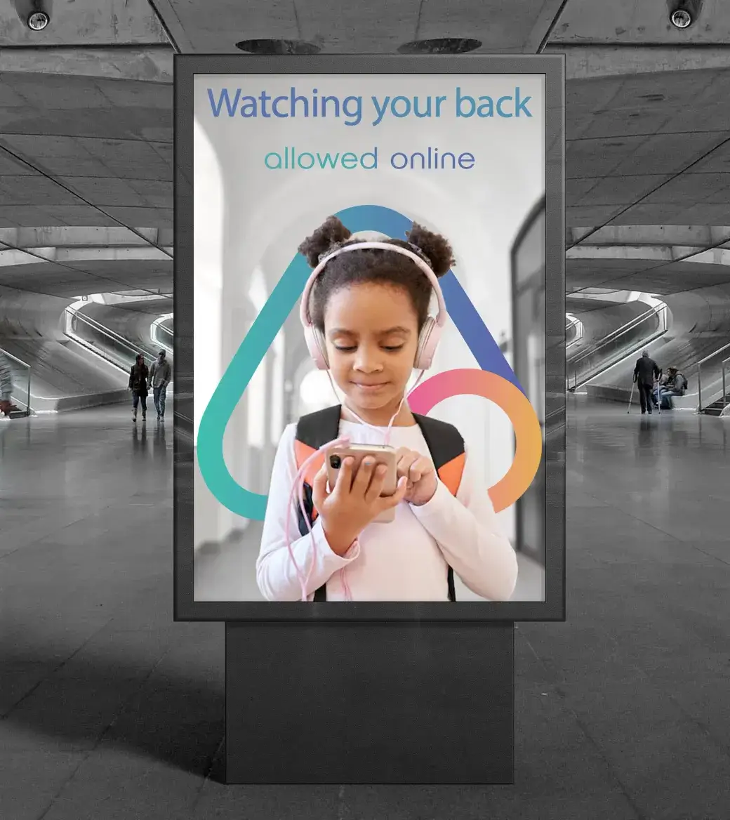 Young girl with headphones using a smartphone, with text 'Watching your back allowed online'