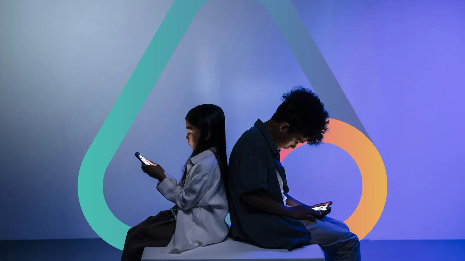 Two children sit back to back on a bench, each absorbed in a glowing phone, against the Allowed Online arch in teal and orange