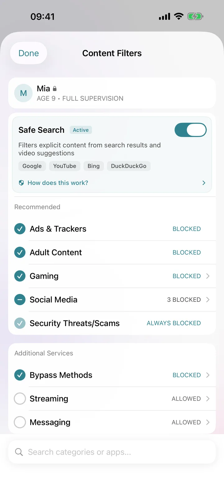 Per child content filters with categories blocked or allowed and Safe Search on.